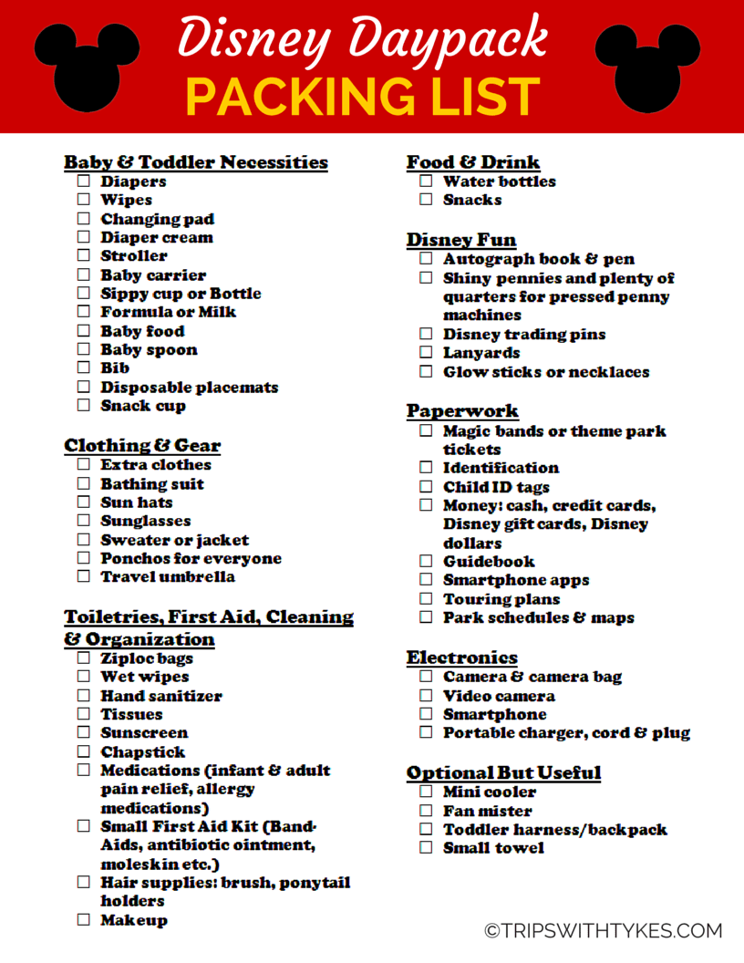 Packing List For Your Disney Daypack Free Printable Trips With Tykes