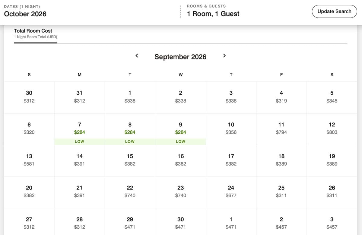 Screenshot Westin Anaheim Resort September 2026 Prices