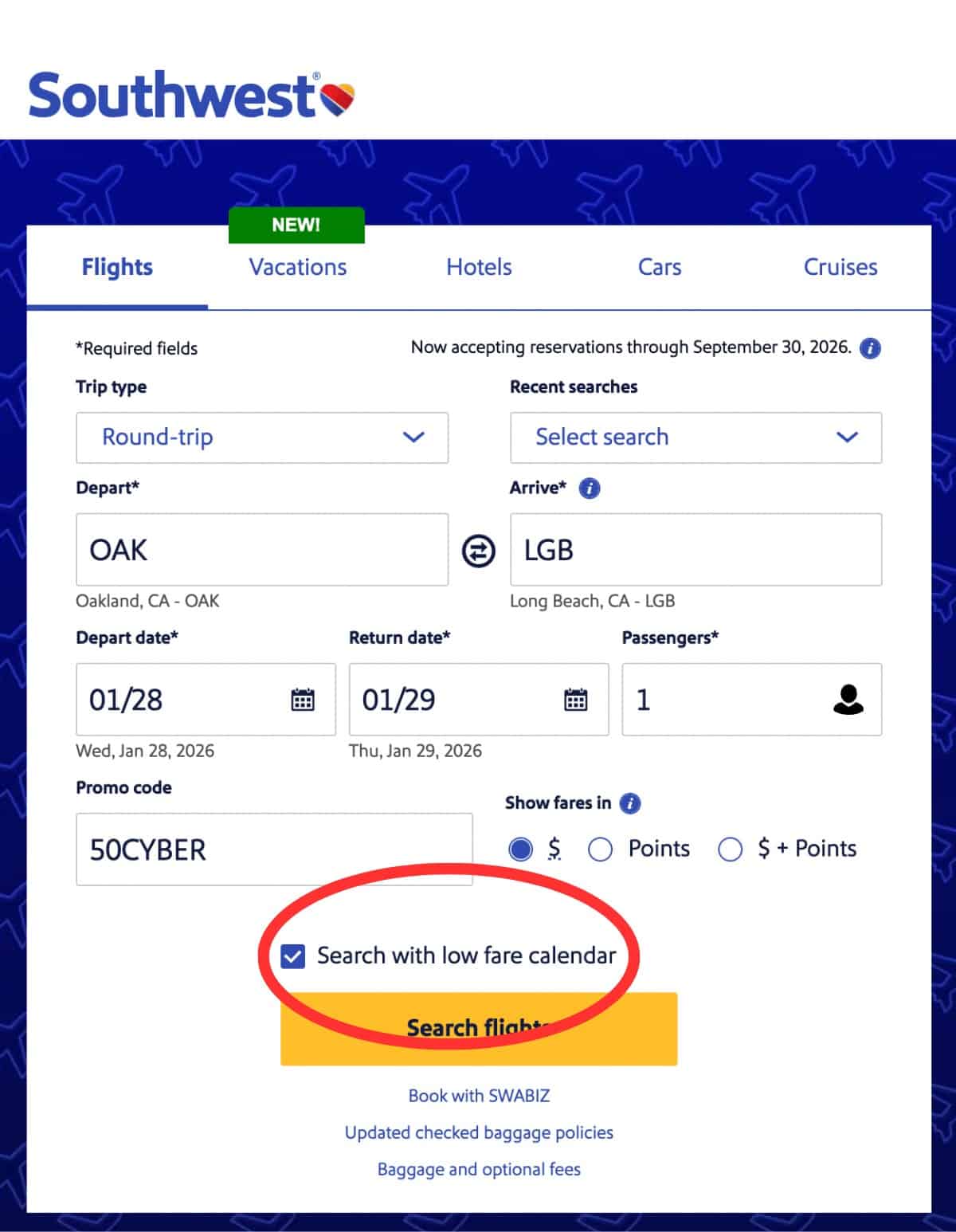 Southwest Low Fare Calendar Screenshot