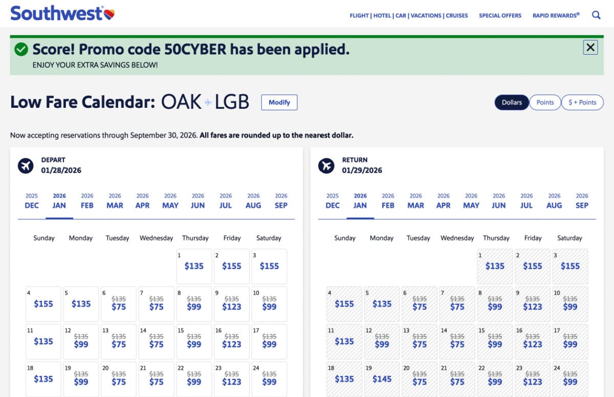Southwest Sale Low Fare Calendar Screenshot