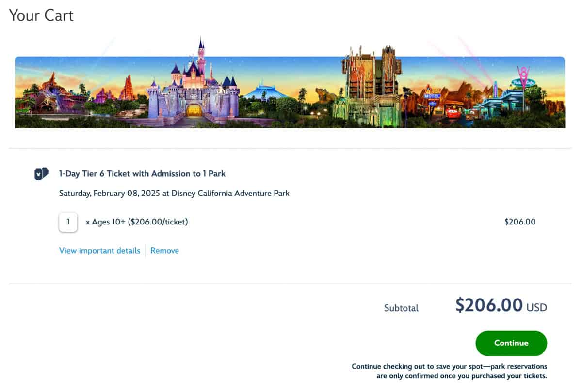 Disneyland Ticket Purchase Reservations Screenshot - Cart with Ticket