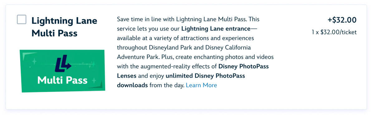 Disneyland Ticket Purchase Reservations Screenshot - Lightning Lane Multi Pass Add On