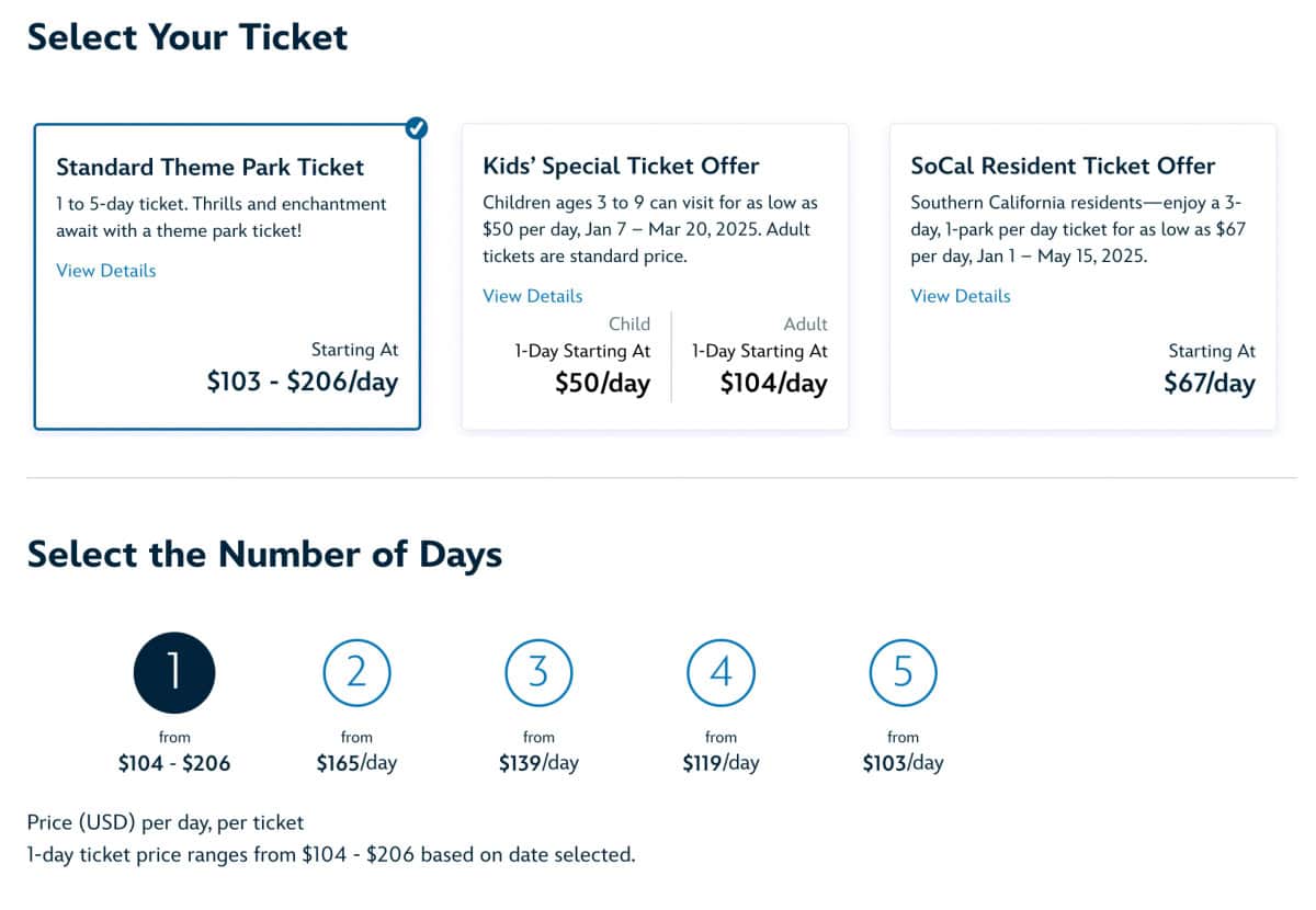 Disneyland Ticket Purchase Reservations Screenshot - Select Your Ticket
