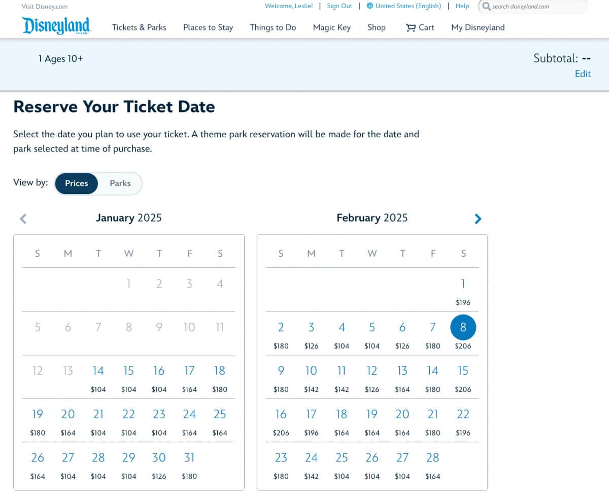 Disneyland Ticket Purchase Reservations Screenshot - Ticket Date