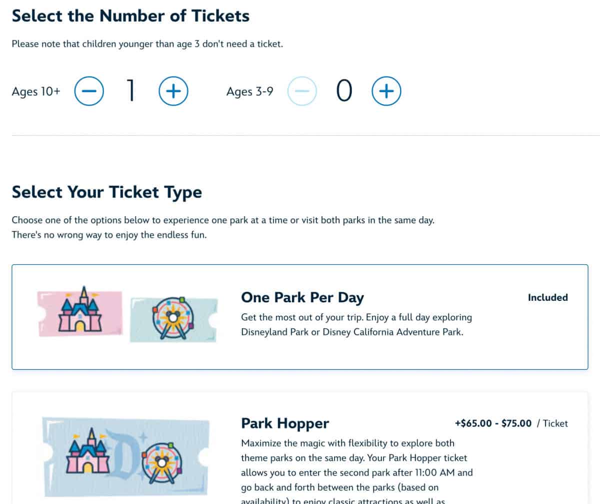 Disneyland Ticket Purchase Reservations Screenshot - Ticket Type