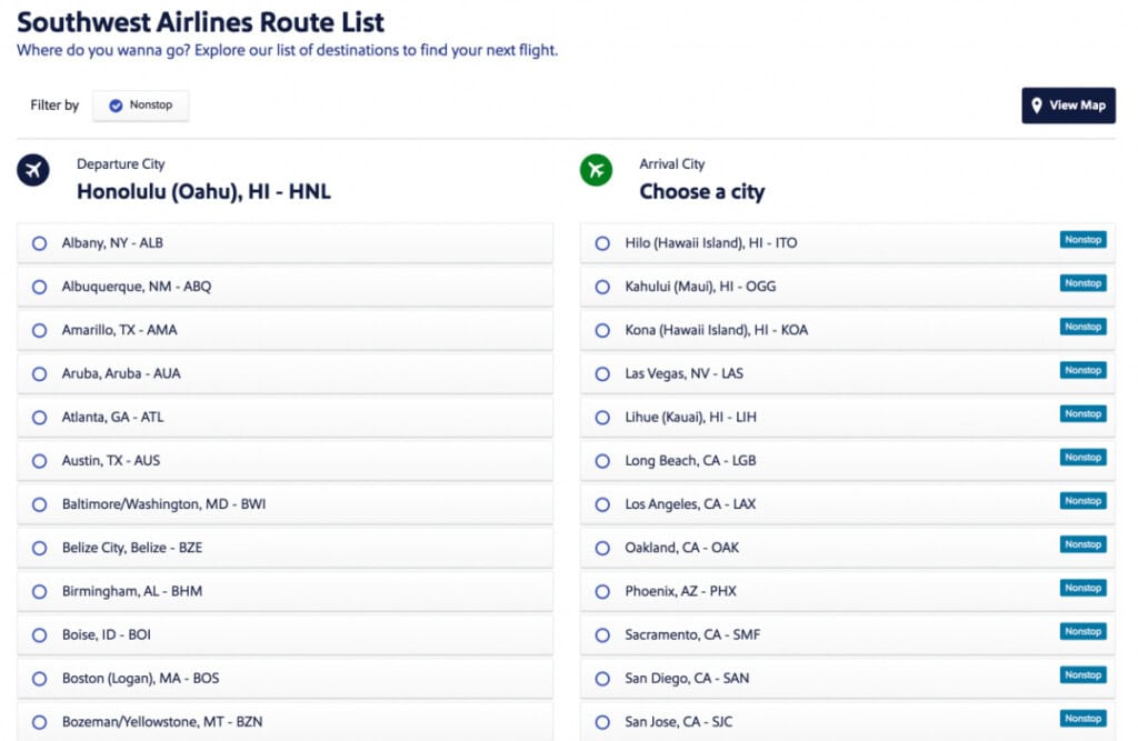 Southwest Airlines Hawaii Route List from HNL as of July 2025