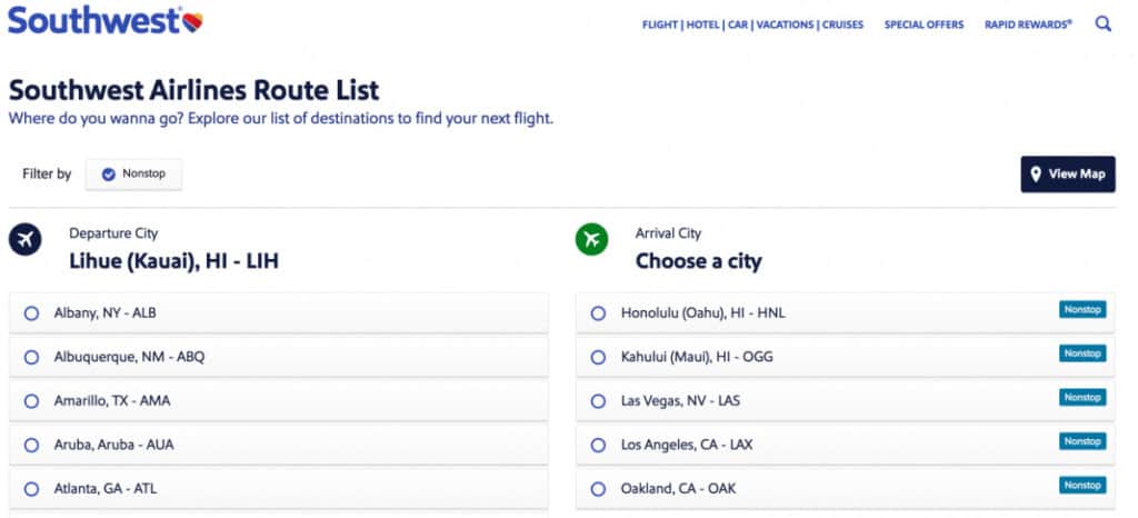 Southwest Airlines Hawaii Route List from LIH as of July 2025