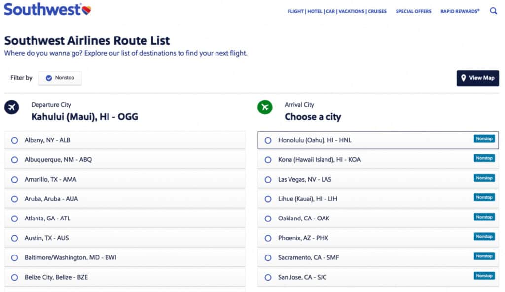 Southwest Airlines Hawaii Route List from OGG as of July 2025