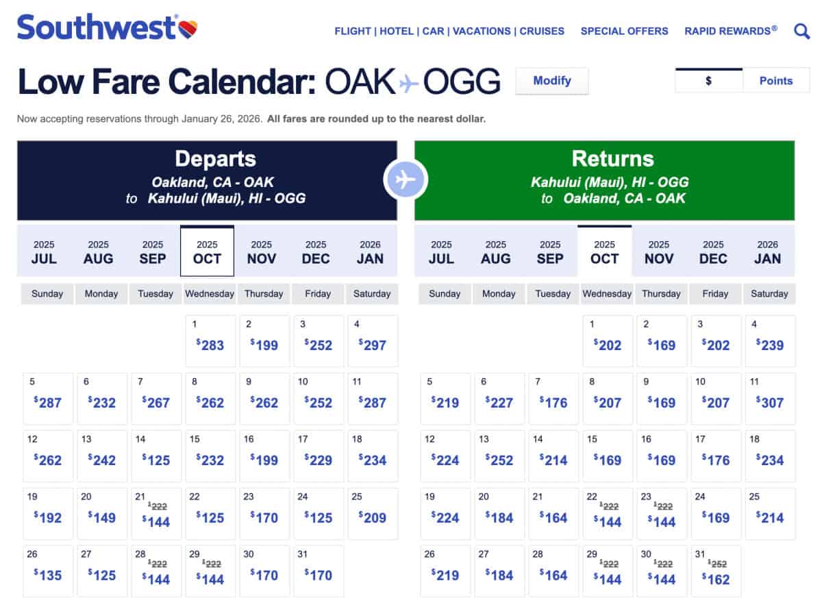 Southwest Airlines Low Fare Calendar OAK to OGG Example