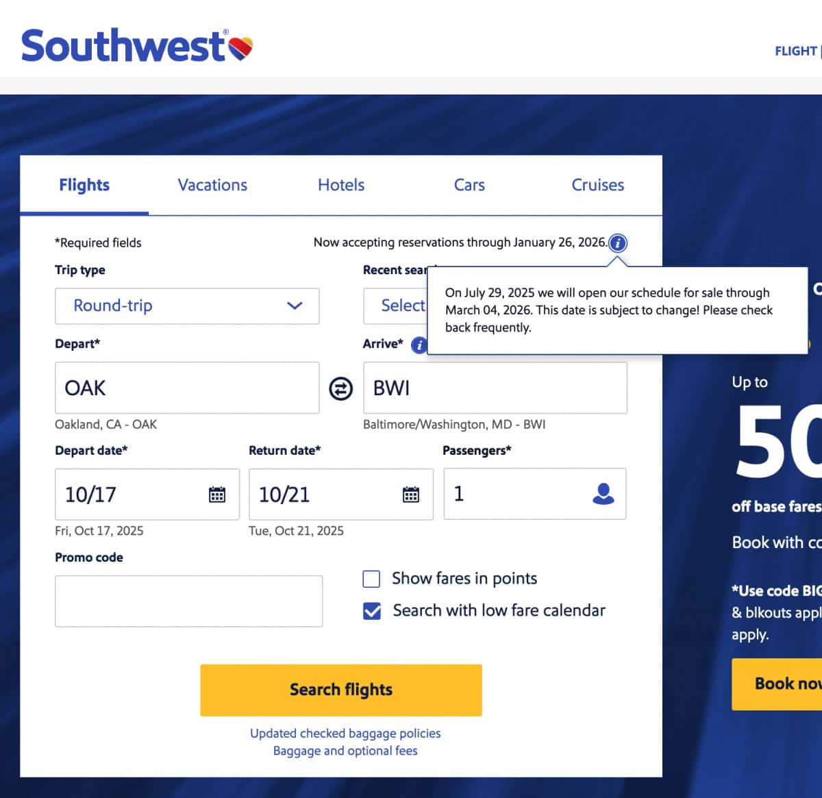 Southwest Airlines Screenshot Flight Booking Page with Schedule Release Dates