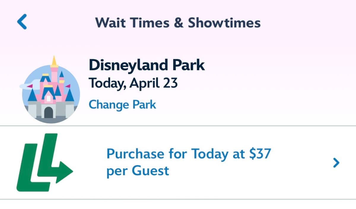 Lightning Lane Same Day Purchase in Disneyland App