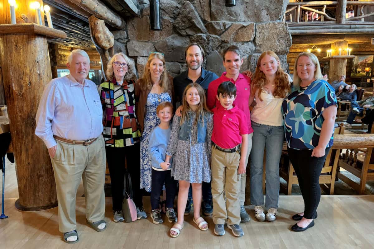 Three generation family at Yellowstone Old Faithful Inn Lobby