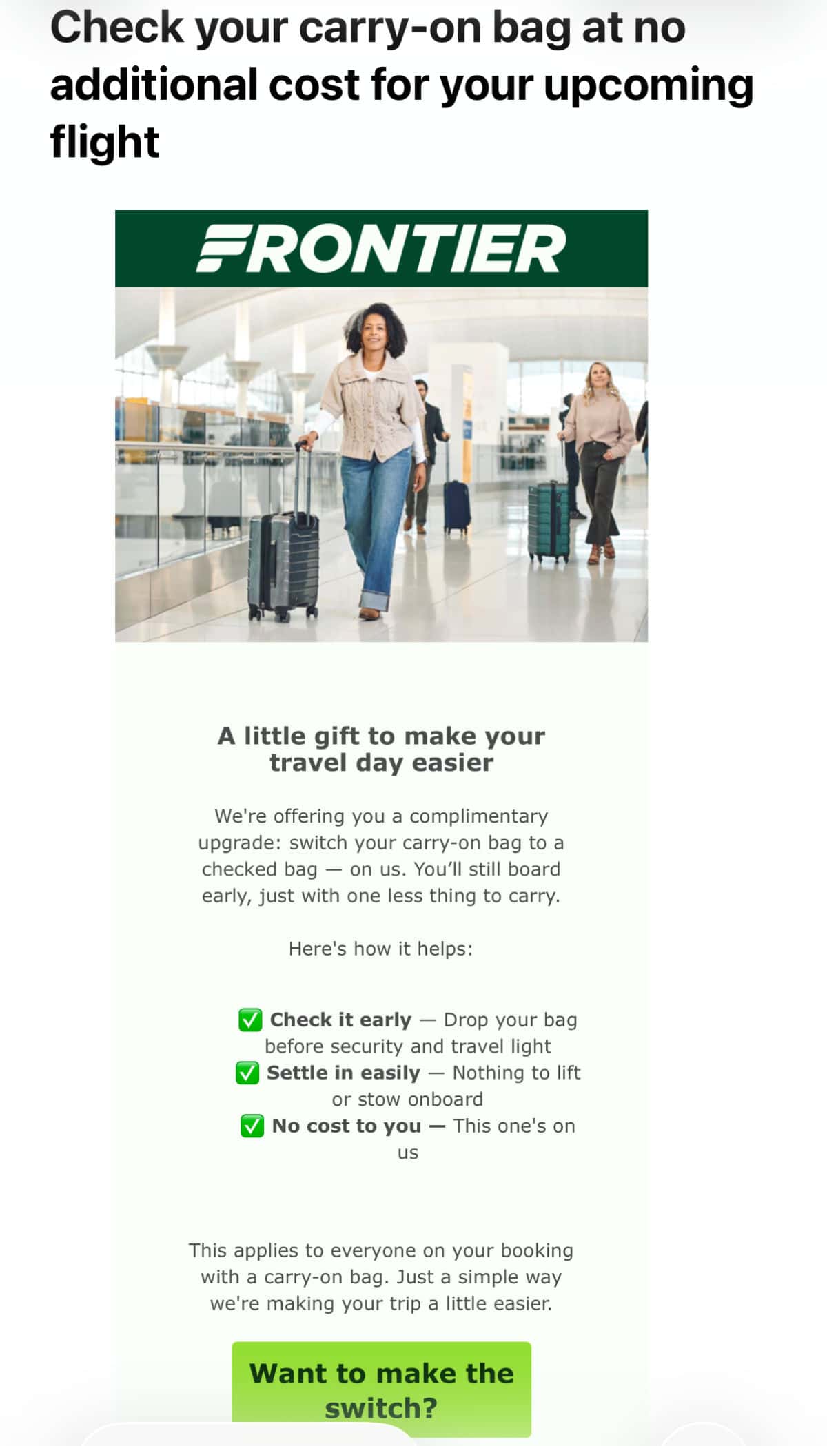 Frontier Airlines offer for free checked bag instead of carry on