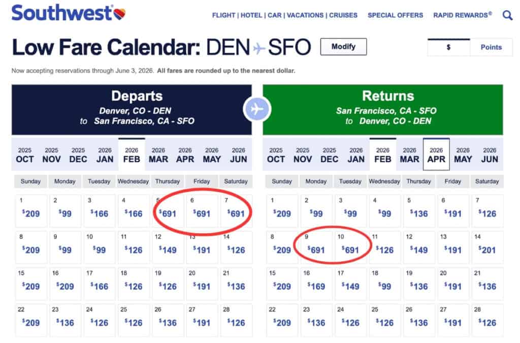 Southwest Airlines 2025 Super Bowl Flight Prices DEN to SFO