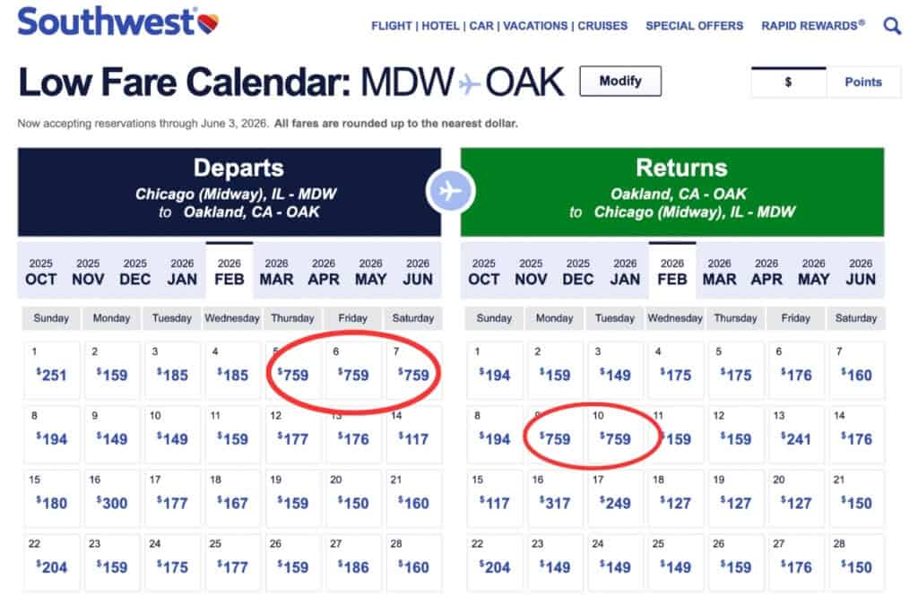 Southwest Airlines 2025 Super Bowl Flight Prices MDW to OAK
