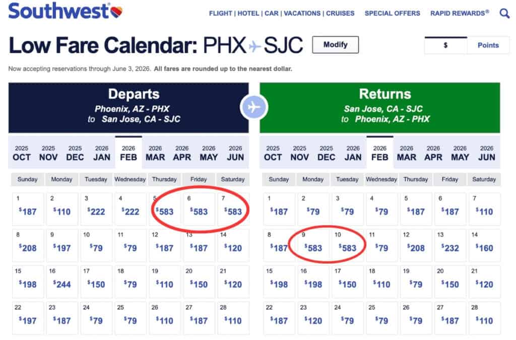 Southwest Airlines 2025 Super Bowl Flight Prices PHX to SJC