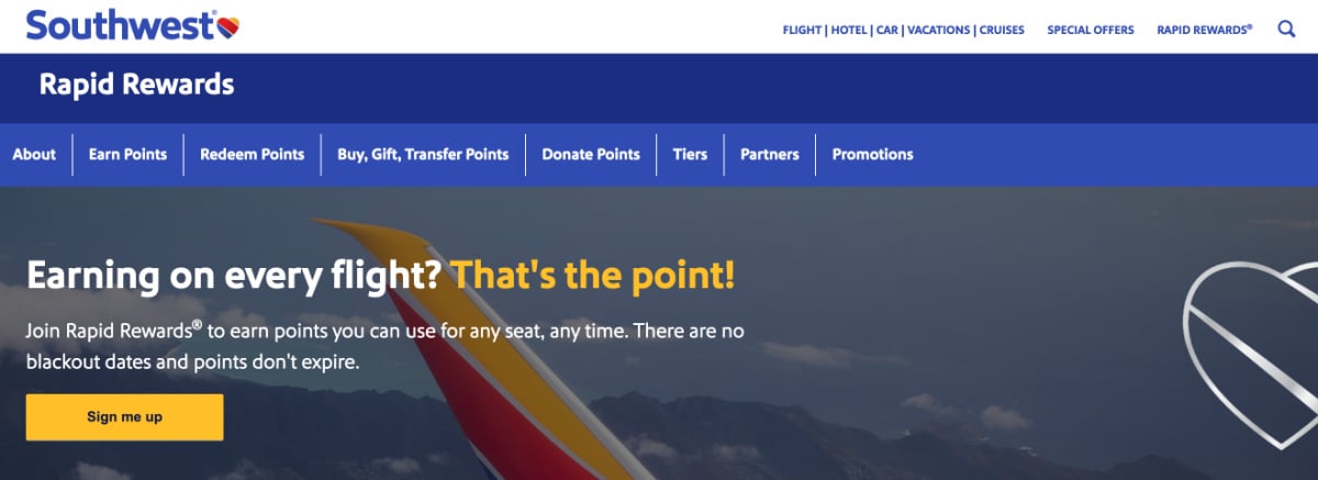Southwest Airlines Website Screenshot Rapid Rewards