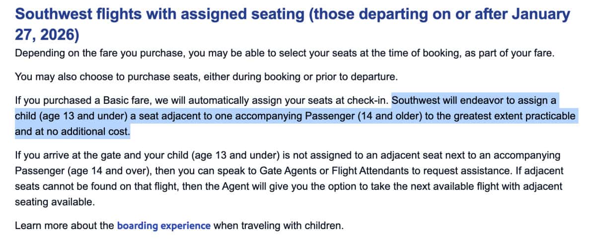 Southwest Family Assigned Seating Policy 2026