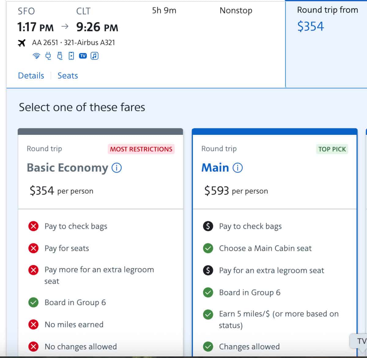 American Airlines Basic Economy Fare Screenshot