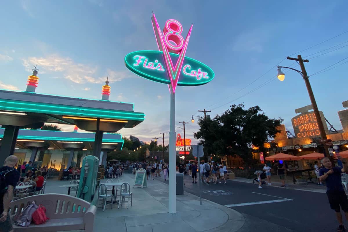 Cars Land in DCA at Sunset Neon Lights