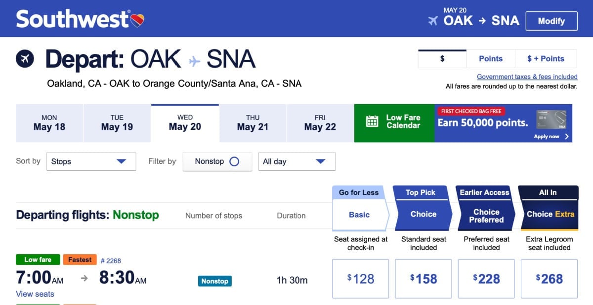 OAK to SNA Fare Prices_ Basic vs Choice vs Choice Preferred vs Choice Extra