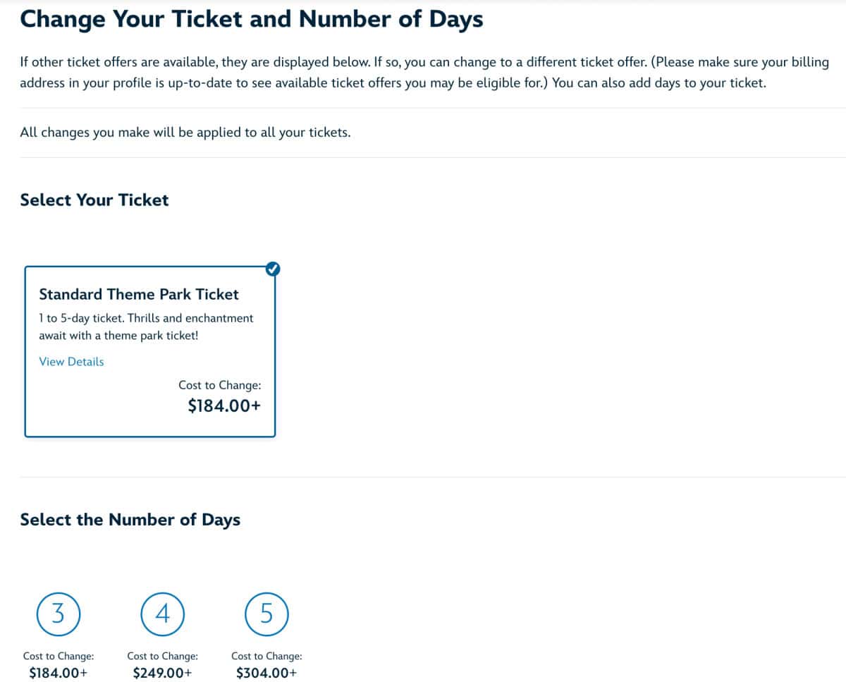 Screenshot Disneyland Change Park Tickets