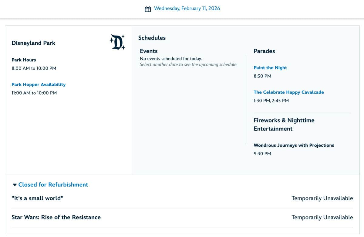 Screenshot of Disneyland Park Hours and Refurbishment List