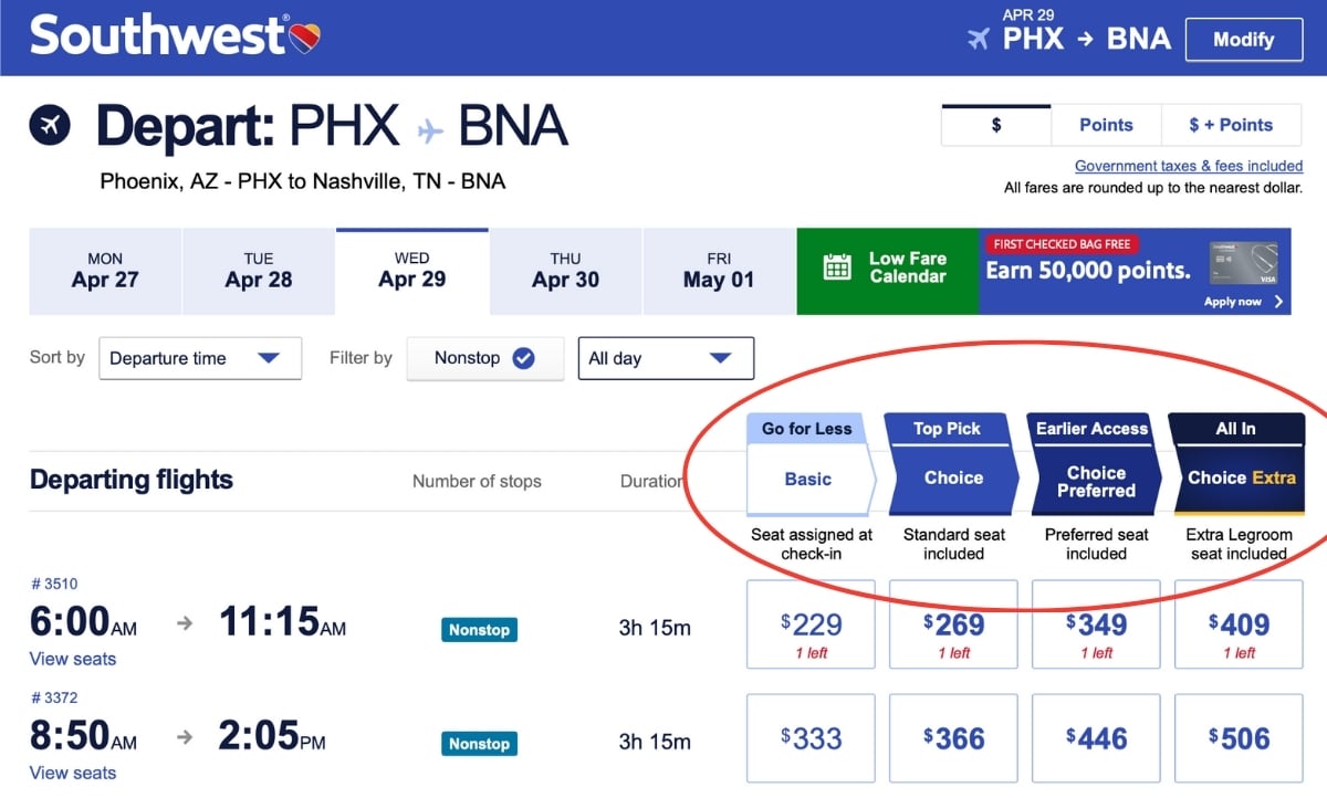 Southwest Airlines 4 Fare Classes and Seats Included