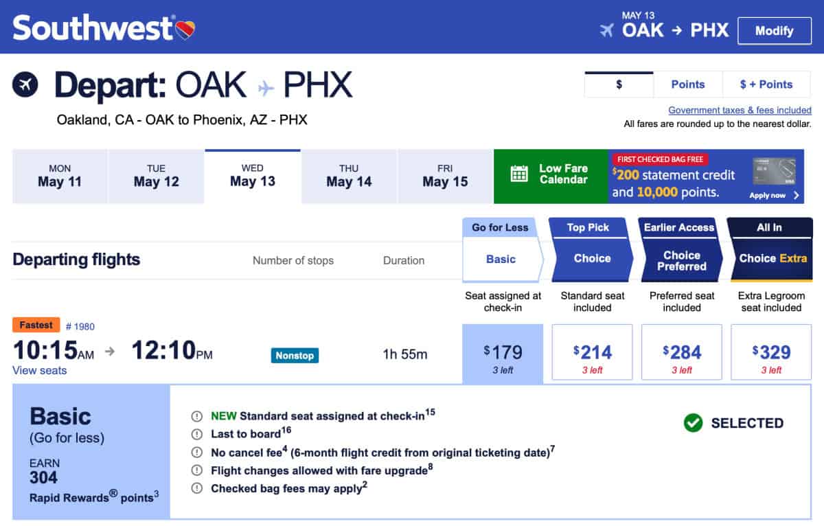 Southwest Basic Economy Fare Restrictions Screenshot