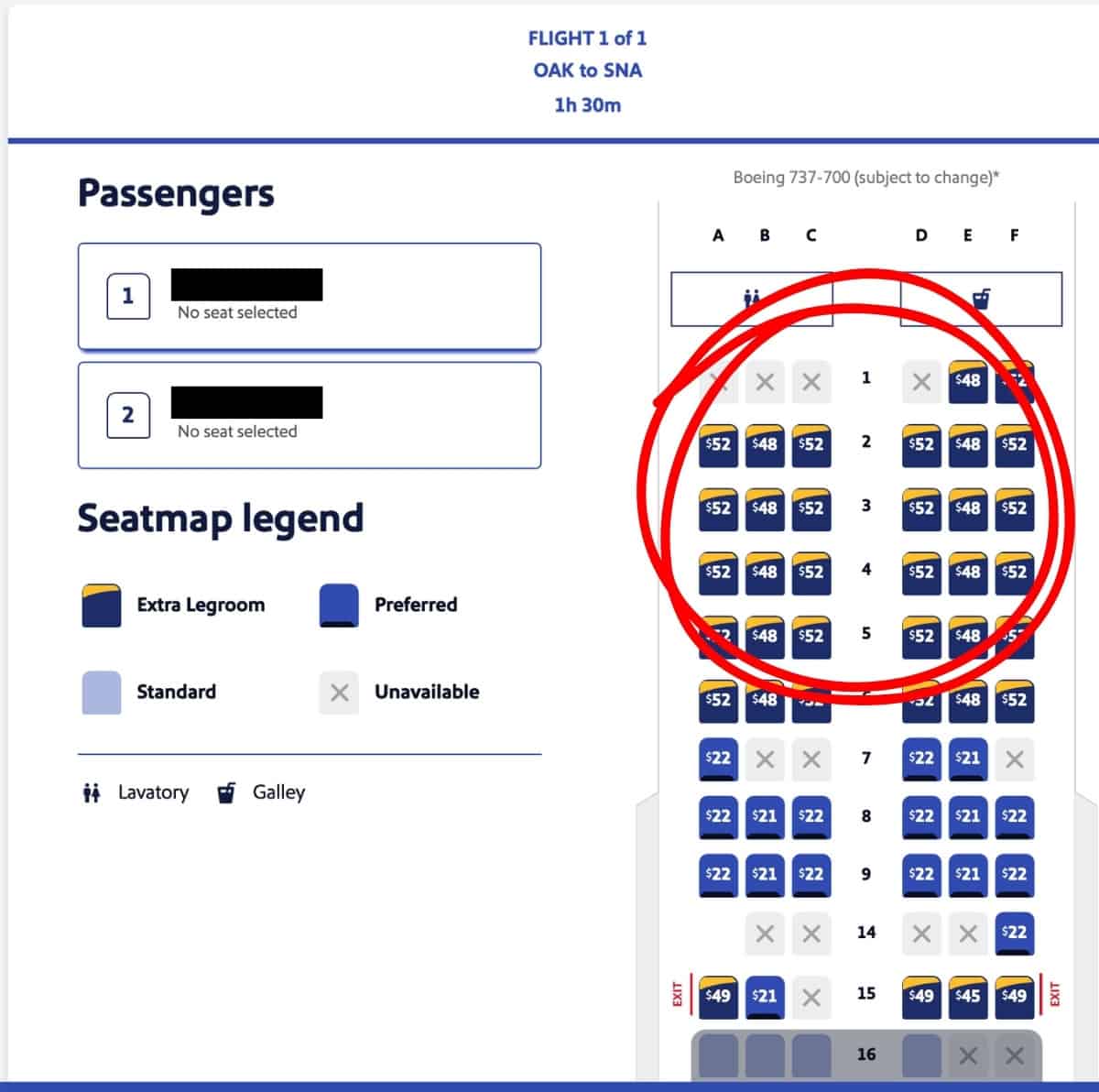 Southwest OAK to SNA Extra Legroom Seat Cost on Basic Fare
