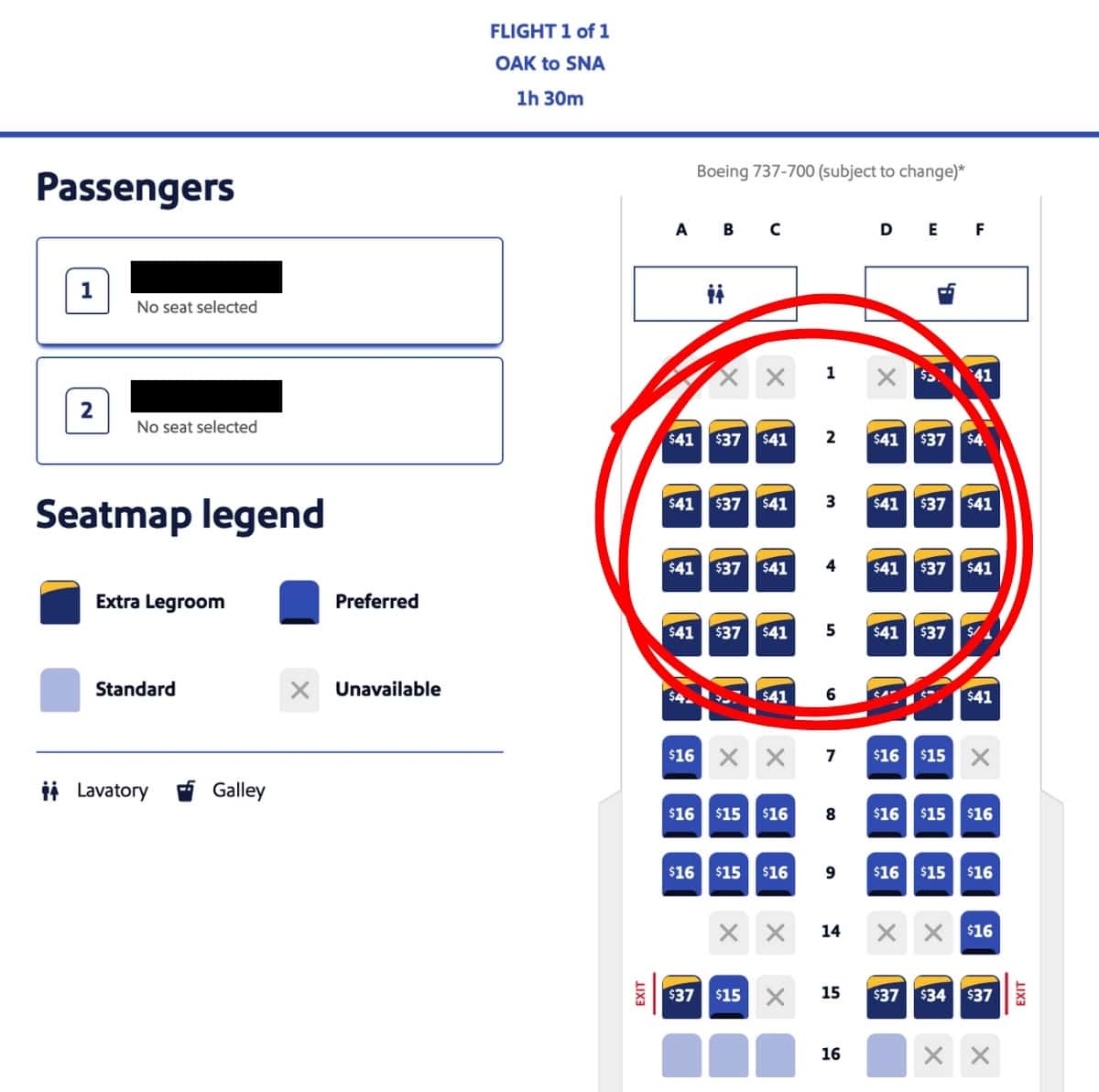 Southwest OAK to SNA Extra Legroom Seat Cost on Choice Fare
