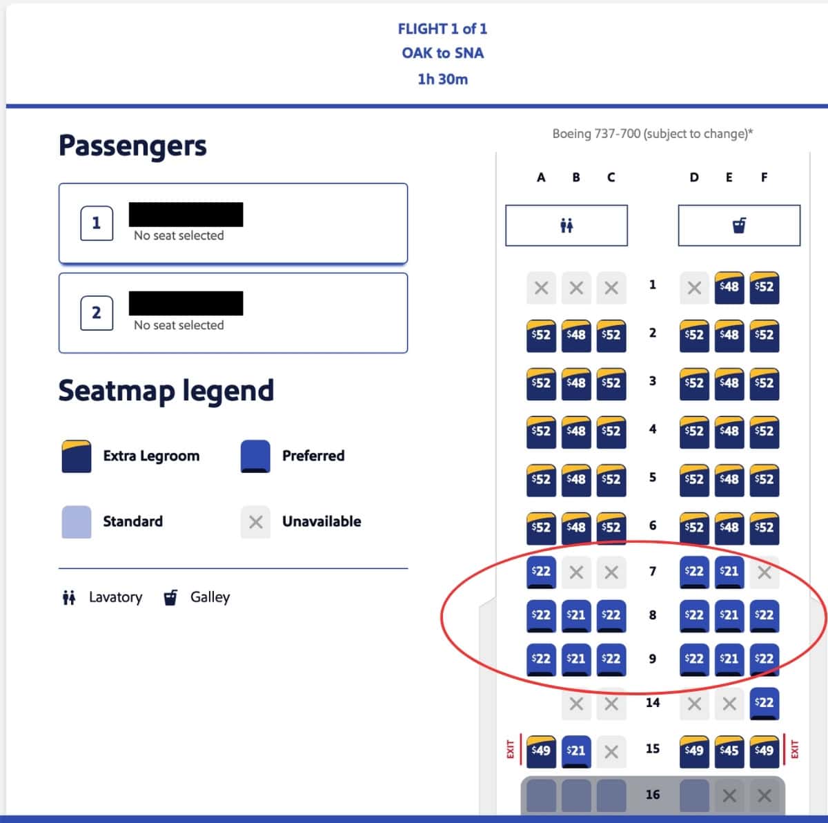 Southwest OAK to SNA a la carte seat assignment cost on Basic fare