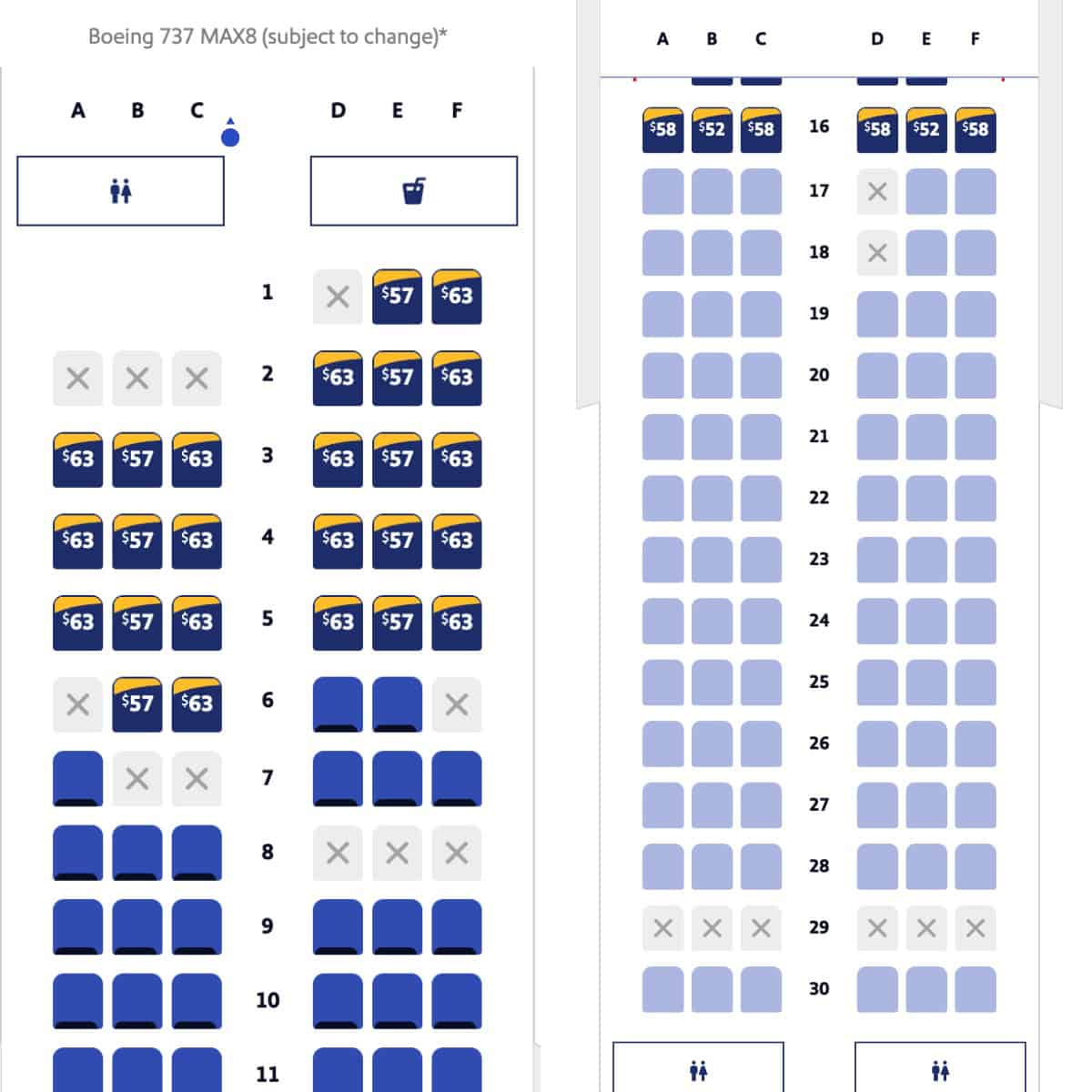 Screenshot Southwest Seat Assignment Prices when purchasing Basic fare with Priority Credit Card