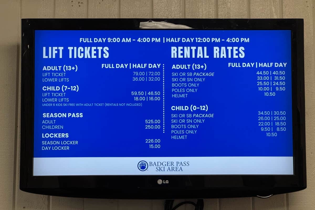 Badger Pass Lift Ticket and Rental Prices 2026