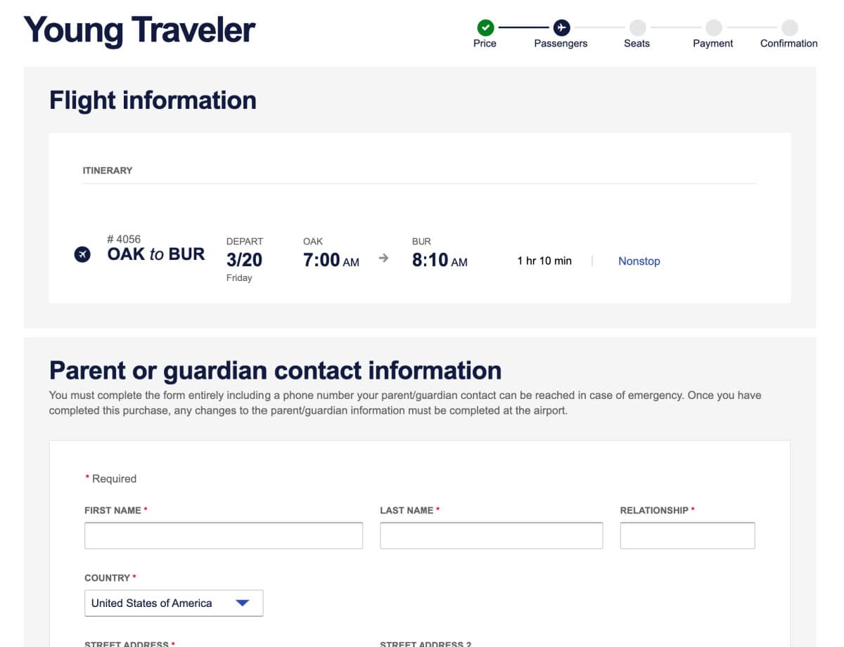Screenshot of Southwest Young Traveler Parent Contact Form