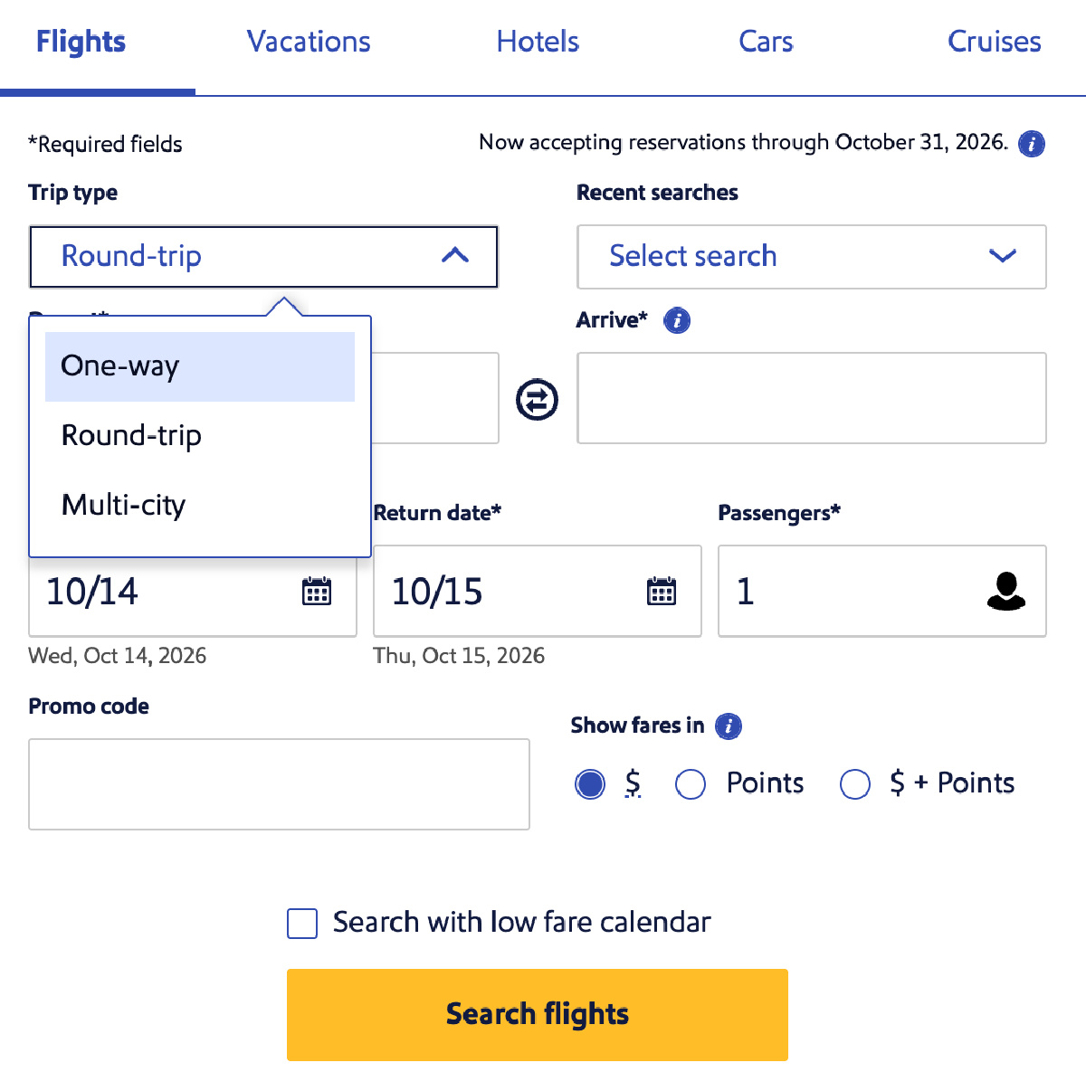 Southwest Airlines Website Screenshot One Way vs Roundtrip Booking