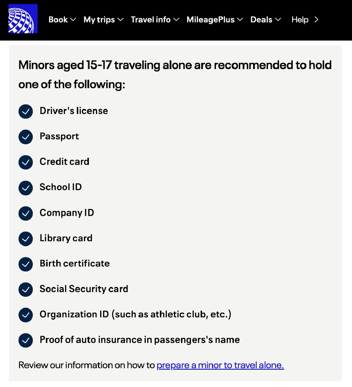United Airlines Screenshot with List of Identification Accepted for Teens Traveling Solo