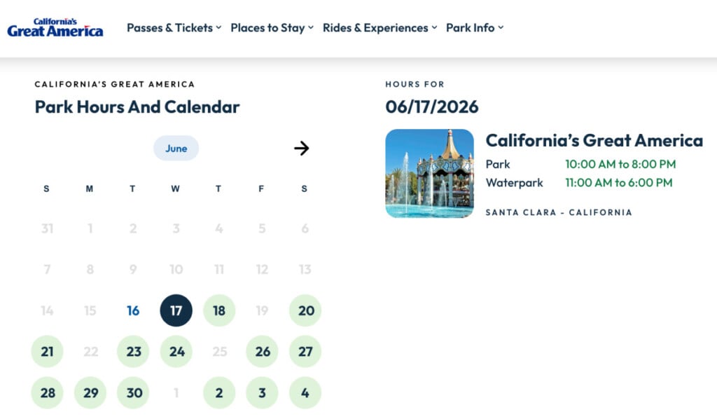Californias Great America Park Hours June 2026