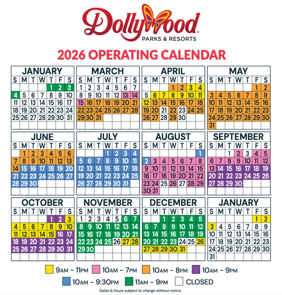 Dollywood 2026 Park Calendar