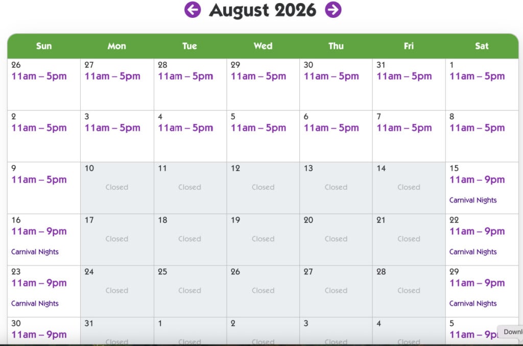 Gilroy Gardens August 2026 Operating Calendar