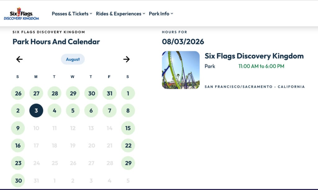 Six Flags Discovery Kingdom August 2026 Park Hours Calendar