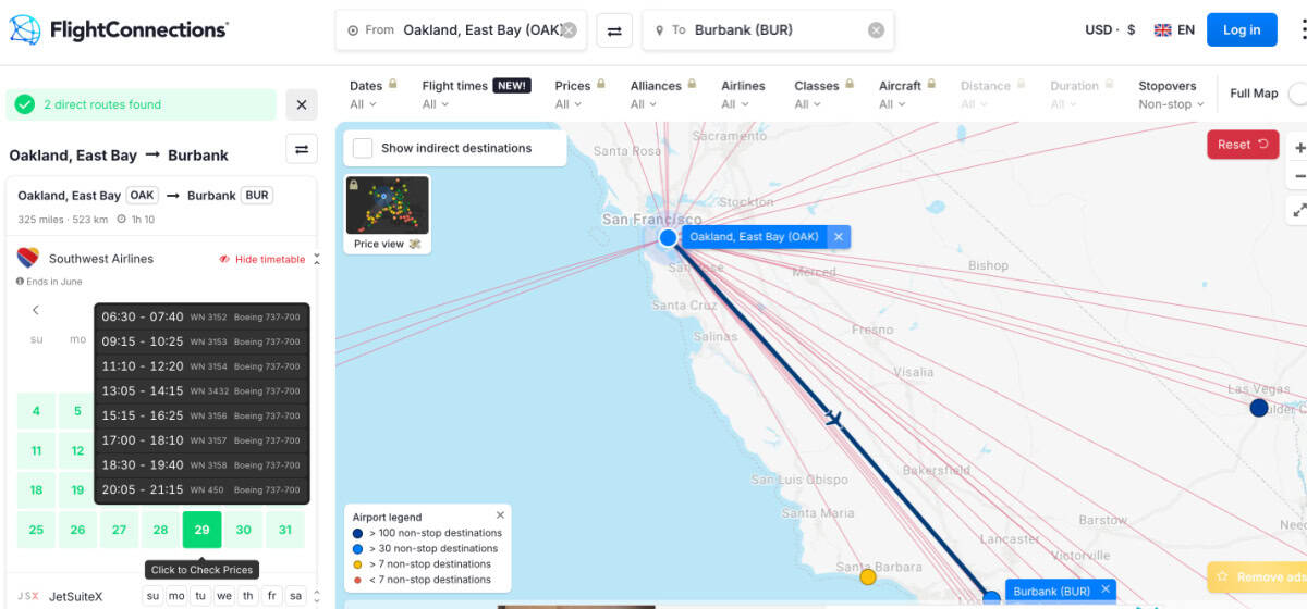 FlightConnections Screenshot OAK to BUR Southwest Flights