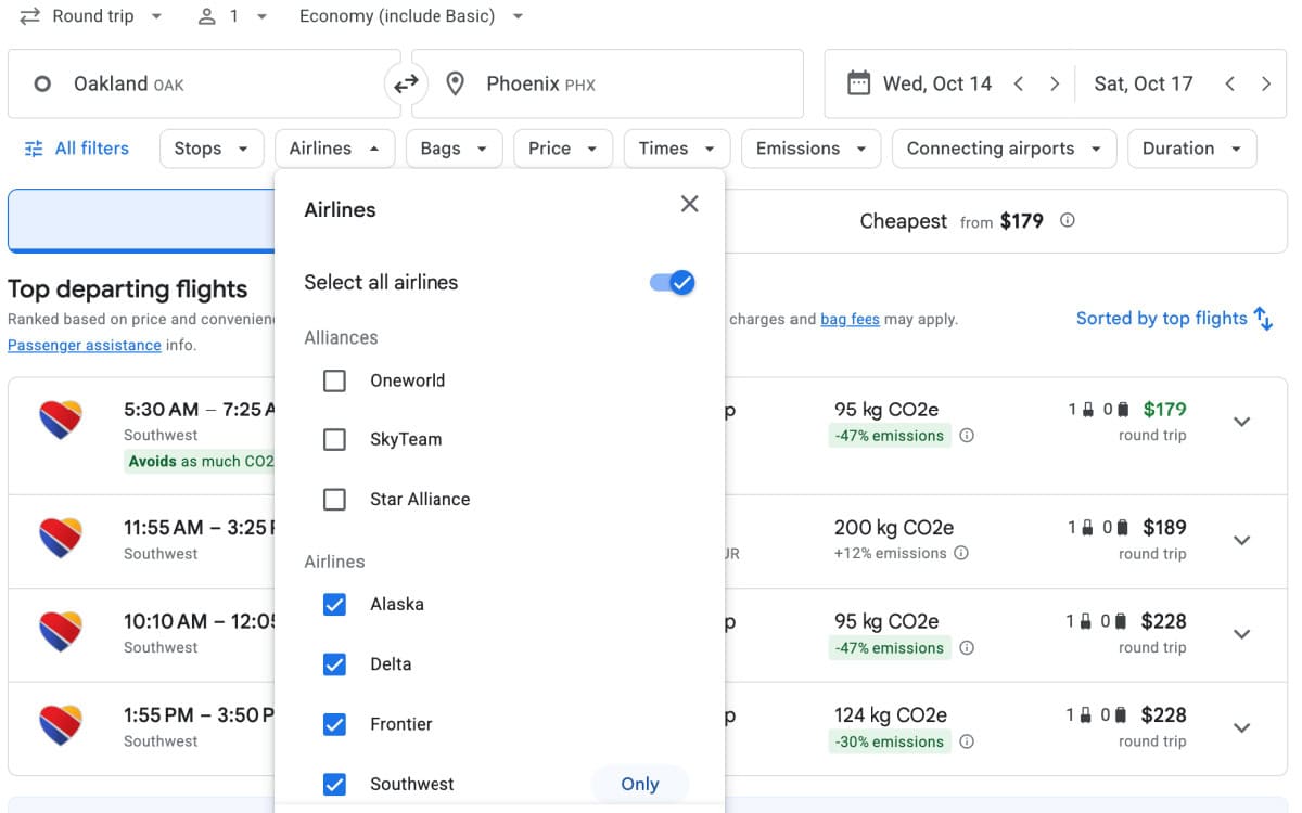 Google Flights Screenshot - Apply Southwest Only Filter