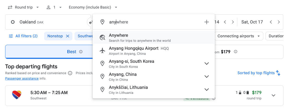 Google Flights Screenshot - Change Destination to Anywhere