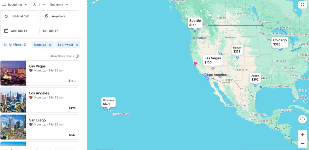 Google Flights Screenshot - Southwest Only Search Results to Multiple Cities