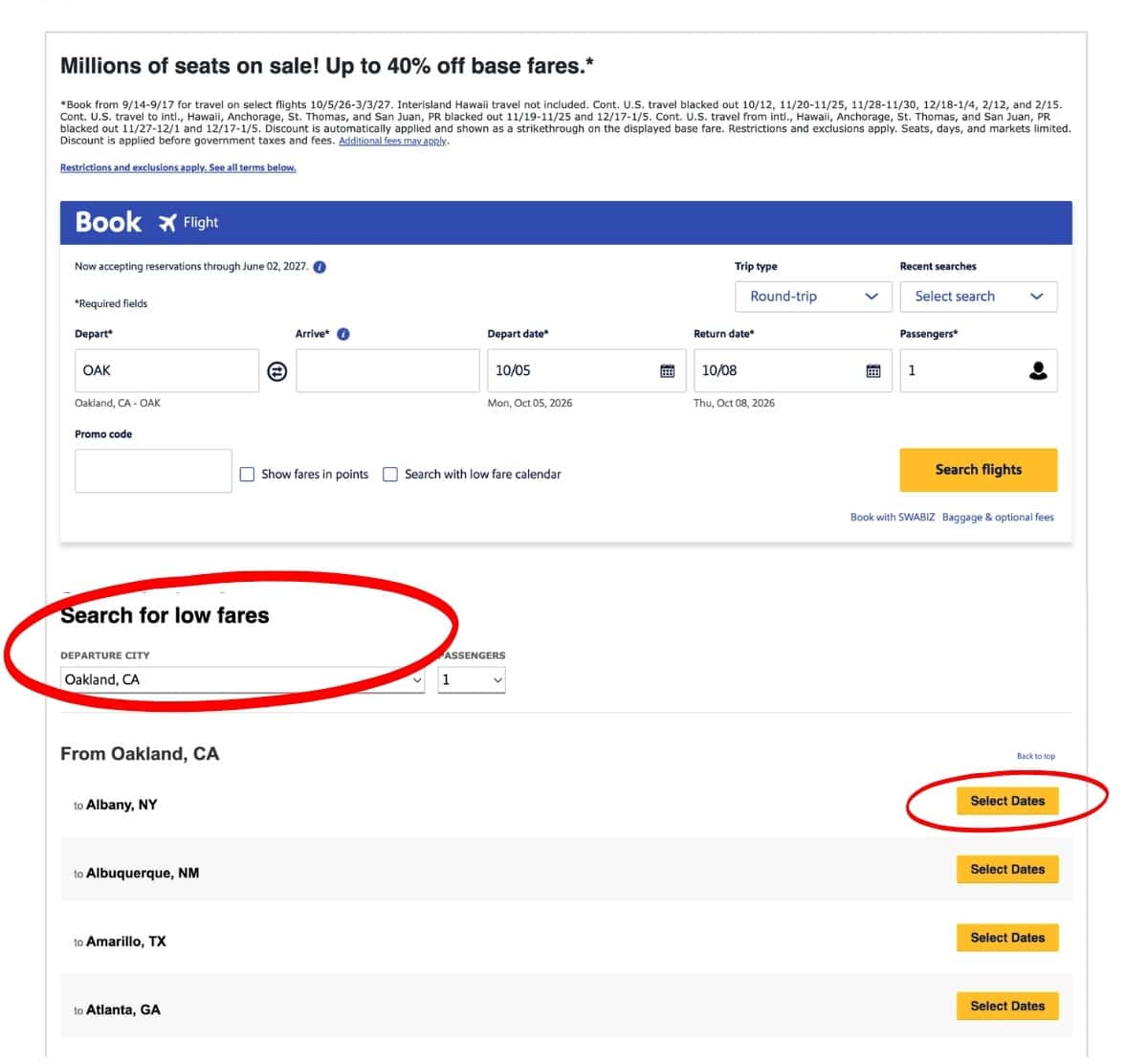 Southwest Search for Low Fares by City Website