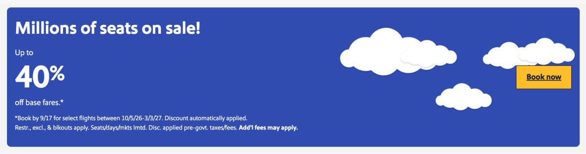 Southwest Website Screenshot - 40 Percent Off Wow Sale Sept 2026