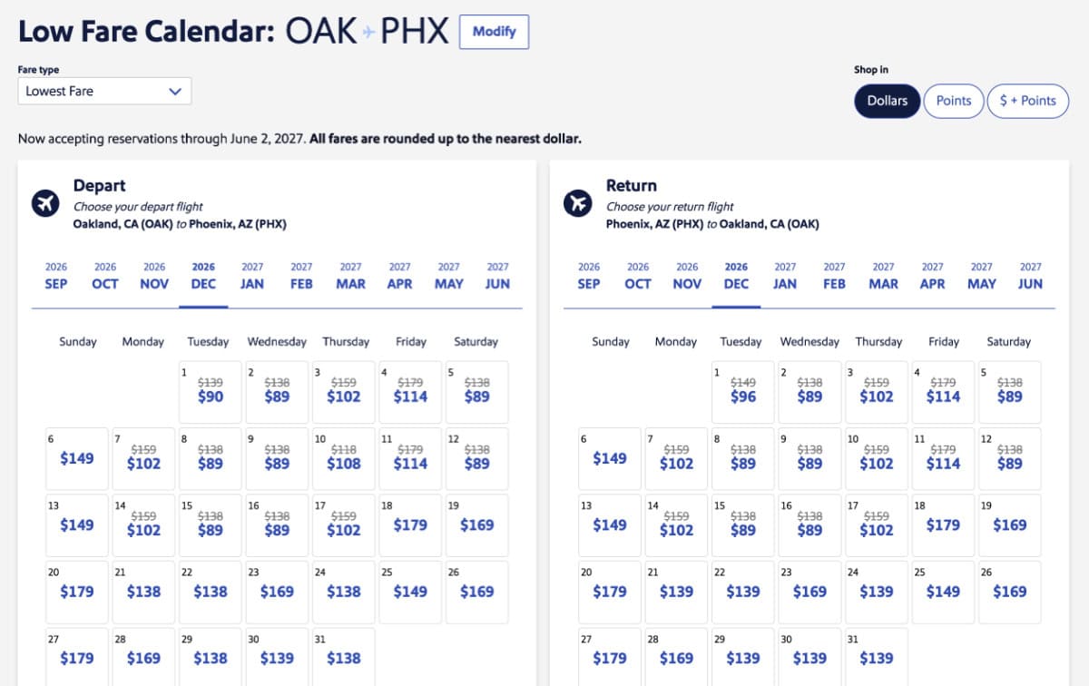 Southwest Website Screenshot - Low Fare Calendar OAK to PHX