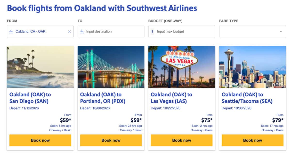 Southwest Website Screenshot - OAK City Landing Page