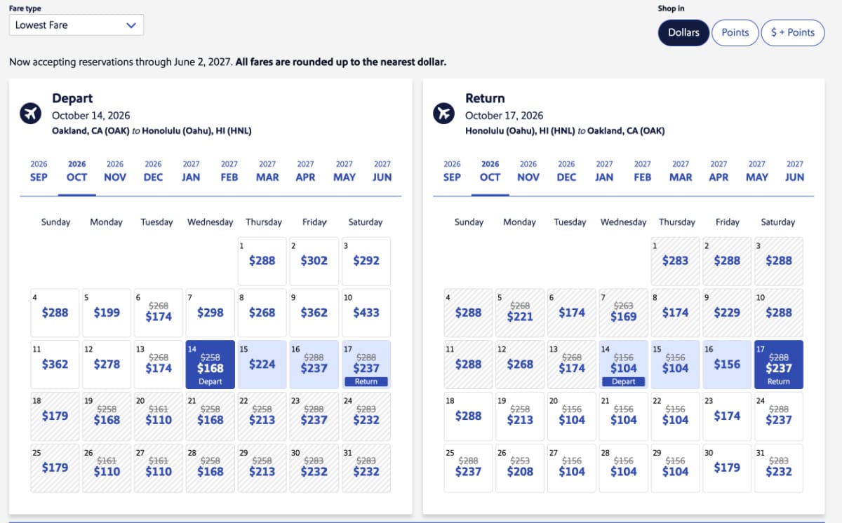 Southwest Website Screenshot - OAK HNL Low Fare Calendar Oct 2026